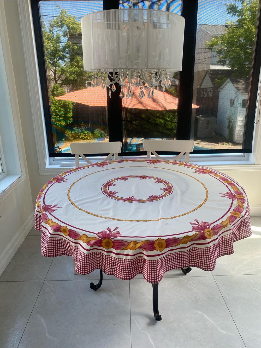 Country Floral Round Tablecloth w Burgundy & Gold Accent Round  Size 58”